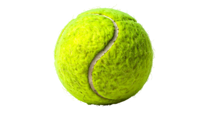 Isolated vibrant green tennis ball with distinct felt texture and a white seam on a dark background
