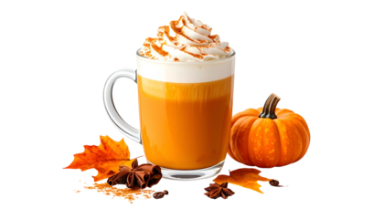 A warm, spiced beverage in a glass mug topped with whipped cream, next to a pumpkin