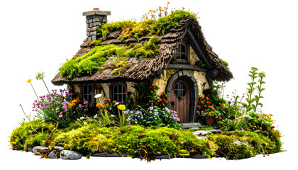 Quaint, moss-covered cottage with flowers and a thatched roof, fairytale-like