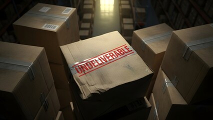 Undeliverable Package Marked with Red Stamp in Dark Warehouse - Failed Delivery and Shipping Problem Concept