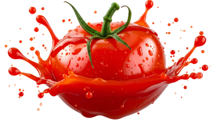 A vibrant, ripe tomato with a green stem, immersed in a splash of juice