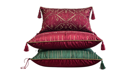 Three ornate pillows stacked red, green, and patterned, with tassels