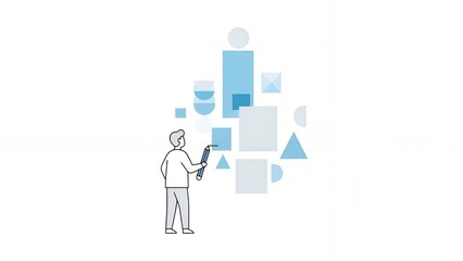 Person interacting with abstract geometric shapes in minimalist design