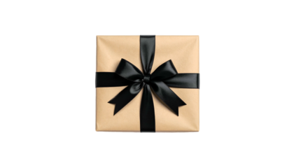 Top-down view of a wrapped present in brown paper with a black satin bow