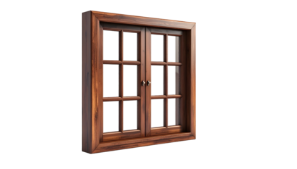 A detailed render of a wooden double-sash window on a black background