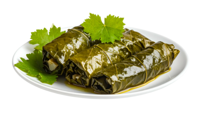 Close-up of a plate with rolled stuffed grape leaves and vibrant green accents