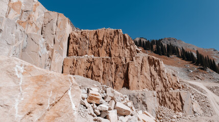 Fototapeta premium Quarry wall with mineral veins on a granite face. Industrial excavation site in the mountains. Natural stone extraction for building materials