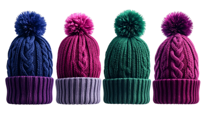Four colorful knit winter hats with pom-poms arranged on a black background