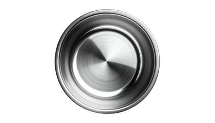 A glossy, metal, circular container, viewed from above, on a stark black background