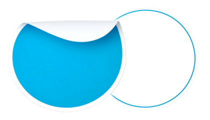 Circular, overlapping label graphic with peeling corner, vibrant blue and white colors