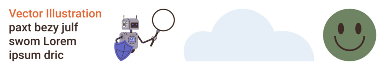 Fototapeta premium Artificial intelligence, data analysis, cybersecurity, happiness, cloud technology, research. A robot with a magnifying glass, a cloud and a green happy face. Artificial intelligence and data