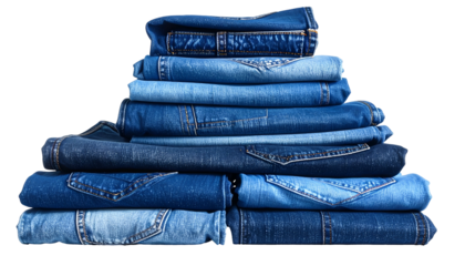 Stack of folded denim jeans in varying shades of blue, organized in a pyramid shape