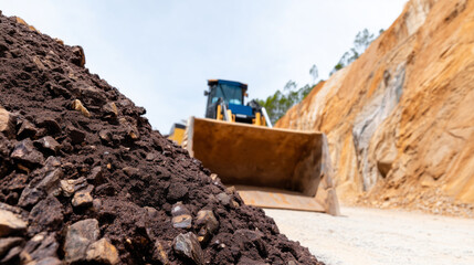 Fototapeta premium Low angle view of a wheel loader at a construction site with a pile of soil. Heavy machinery working in an open-pit mine or quarry. Earthmoving and excavation industry