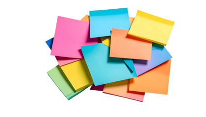 A pile of colorful sticky notes arranged in a haphazard, overlapping fashion against black
