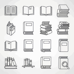 Collection of Book Icons in Outline Style for Education and Reading.