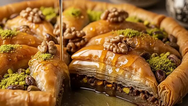 Delicious baklava drizzled with honey and nuts