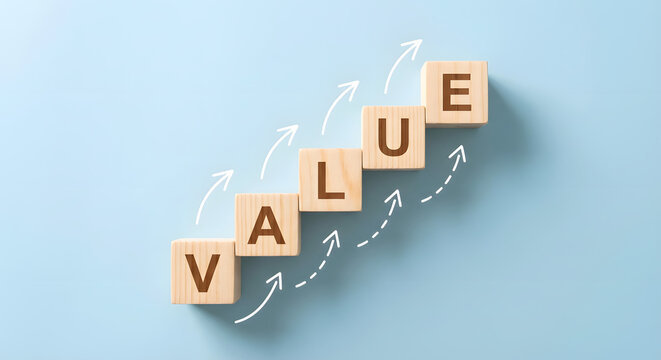 Increasing value concept with wooden blocks and arrows