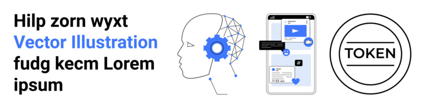 Digital innovation, AI systems, blockchain security, machine learning, token economy, mobile technology. Geometric AI head with circuitry, smartphone and token symbol. AI systems and blockchain