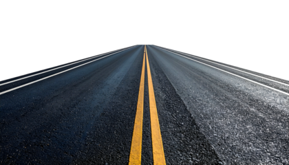 Perspective shot of a dark asphalt road with yellow dividing lines against a black void