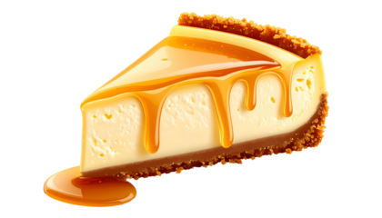 Slice of creamy cheesecake, golden caramel drizzle, and a crumb crust against black background