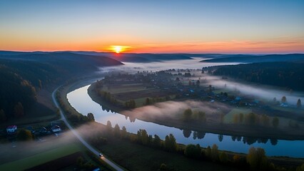Scenic sunrise over winding river with misty landscape