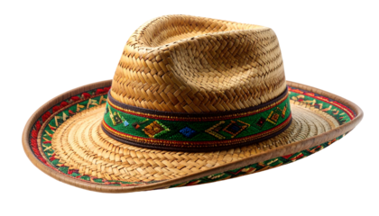 A straw hat with a patterned band, featuring intricate designs on a dark background