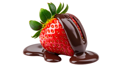 Vivid close-up of a vibrant red strawberry partially dipped in rich, dark melted chocolate