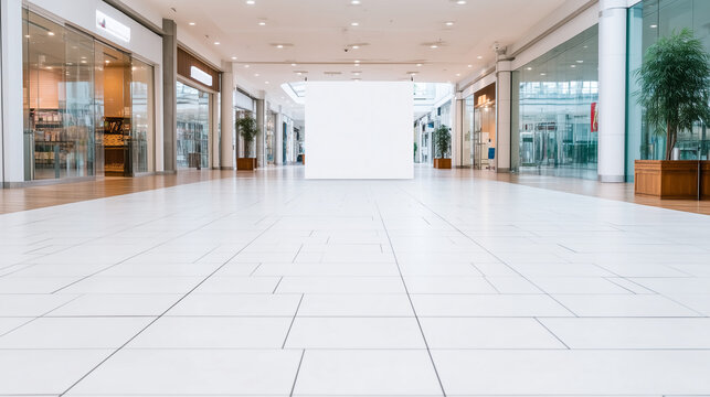 Blank white advertising panel mockup in an empty shopping mall corridor. Modern retail interior with storefronts and a tiled floor for commercial promotion
