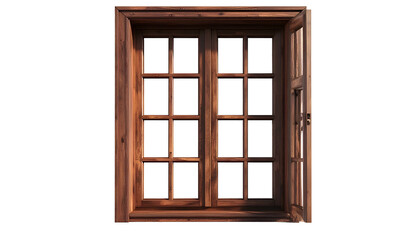 Obraz premium Rustic, wooden window with multiple panes, one side slightly ajar, set against black