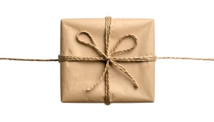 Square package wrapped in brown paper, tied with twine, isolated on a black background (1)