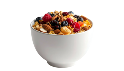 A white bowl overflowing with a colorful mixture of breakfast cereal, nuts, and berries