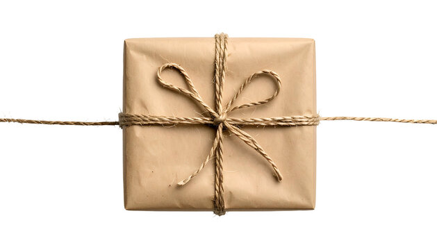 Square package wrapped in brown paper, tied with twine, isolated on a black background (1)
