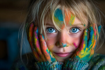 Naklejka premium Cute little girl with painted hands