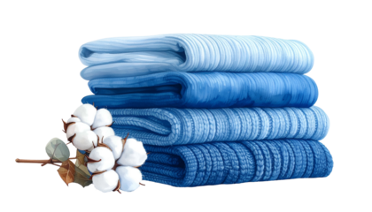 Stack of folded blue knit fabrics with cotton sprig, against a transparent background