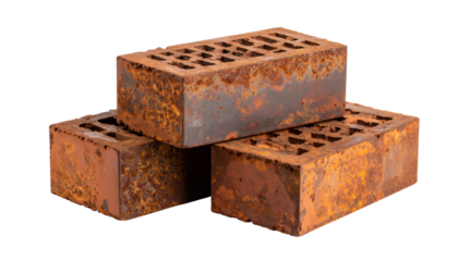Three weathered, rusty bricks, stacked, each with rectangular holes, isolated on black