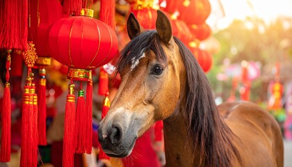 A horse posing with red lanterns, symbolizing good fortune and celebration. The image embodies the spirit of cultural festivities.