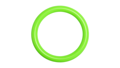 A neon-green, circular object floats on a stark, black background, radiating a glow