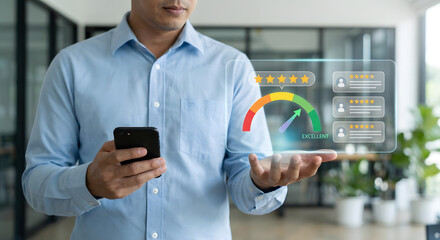 man holding smartphone with digital rating interface
