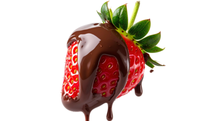 A red strawberry half-coated with glossy, dark, melted substance, set against a black backdrop