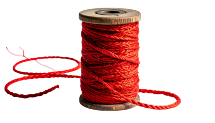 A wooden spool tightly wound with vibrant red string, partially unwound and curled