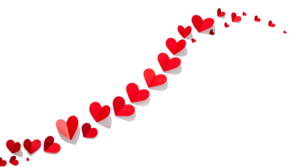 Red paper hearts in a curved line against black, evoking romance and affection