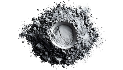 Overhead view of a circular, crater-like formation of grey powder with a dark background