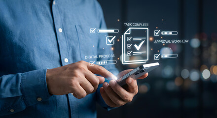 man using smartphone with digital checklist