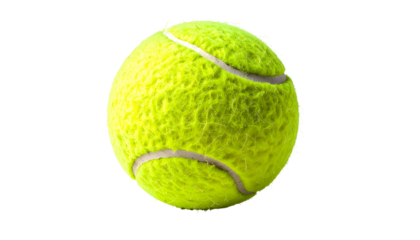 Isolated tennis ball, bright yellow, fuzzy texture, white seam, clear black background