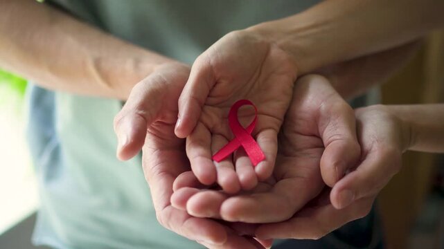 Close-up of male hand offering red awareness ribbon to female hand representing collective support for World AIDS Day awareness. - Powered by Adobe