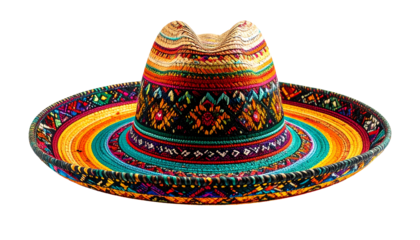 A vibrantly colored sombrero with intricate woven patterns and wide brim, isolated on black