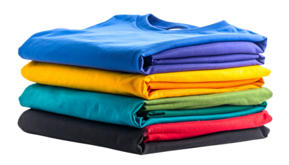 A stack of folded cotton t-shirts in various bright colors on a dark background