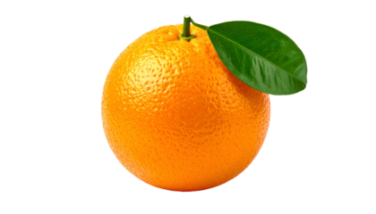 Isolated, vibrant orange with stem and green leaf, perfect lighting and black background