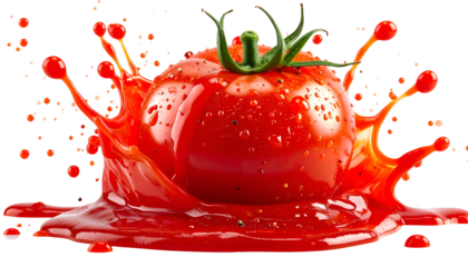 A single ripe red tomato bursts, creating a vibrant splash of juice and droplets