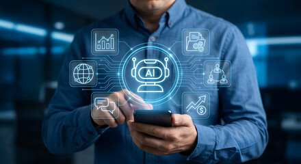 man holding smartphone with artificial intelligence icons